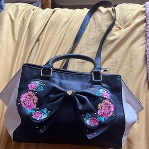 BETSEY JOHNSON BLACK WHITE BIG BOW SATCHEL CROSSBODY SHOULDER BAG HANDBAG PURSE